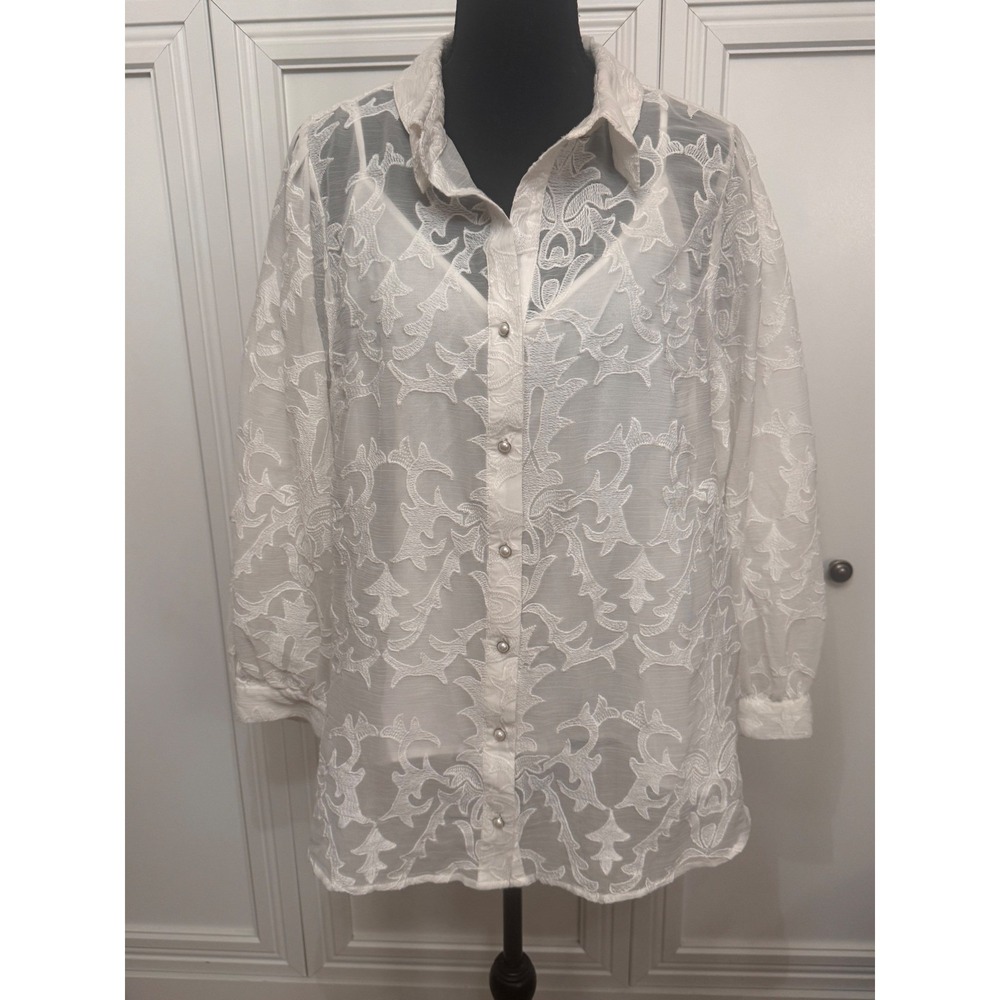 Anthropologie Ivory Forever That Girl Embroidered Pearl Button Blouse XL - Picture 2 of 8